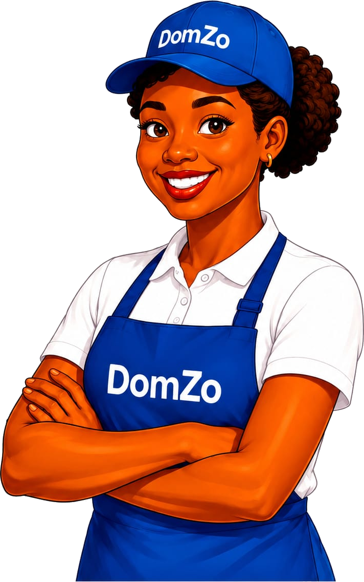 Prestataire DomZo en tenue officielle : casquette et tablier bleus.