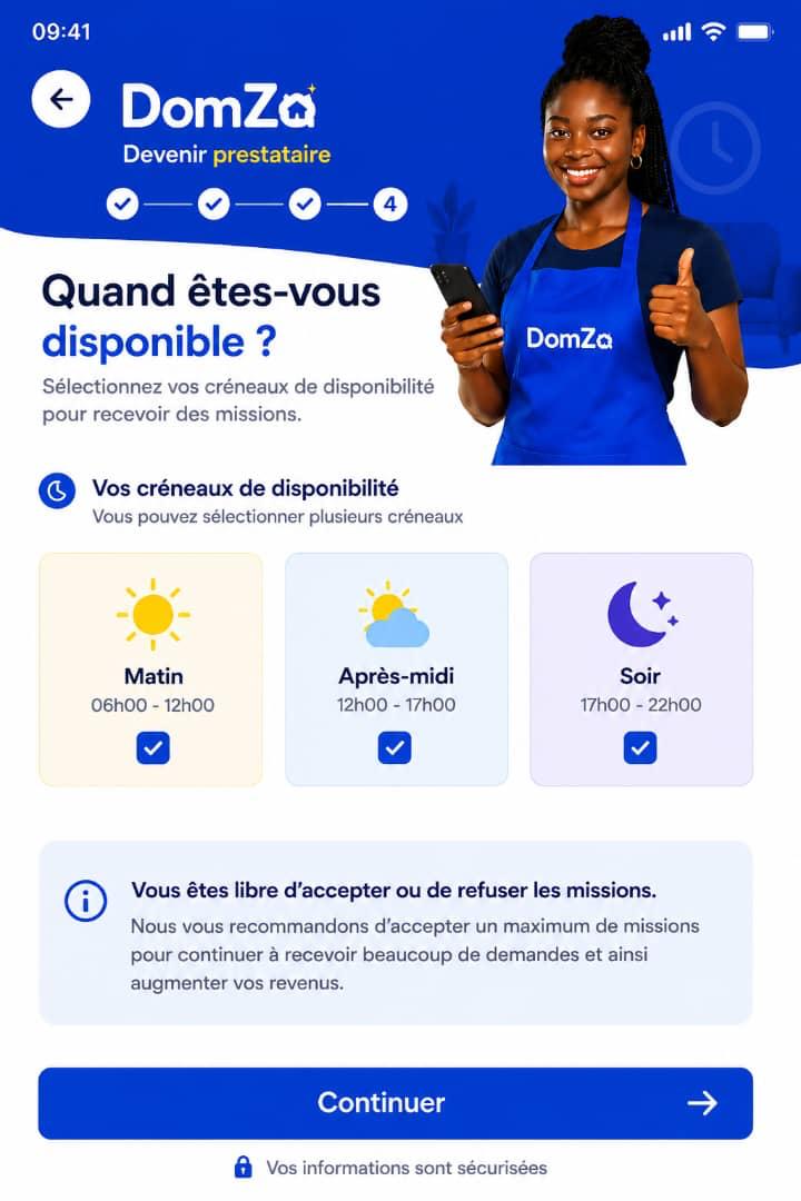 Écran prestataire : sélection des créneaux de disponibilité.