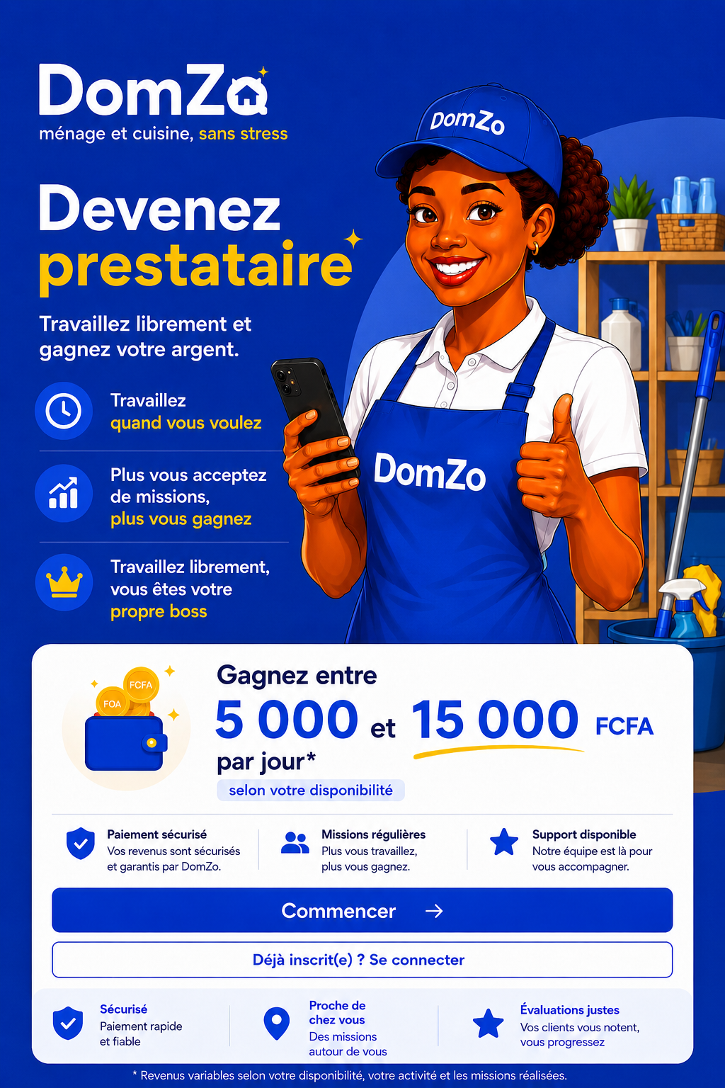 Écran DomZo Devenez prestataire : travaillez librement et gagnez votre argent.
