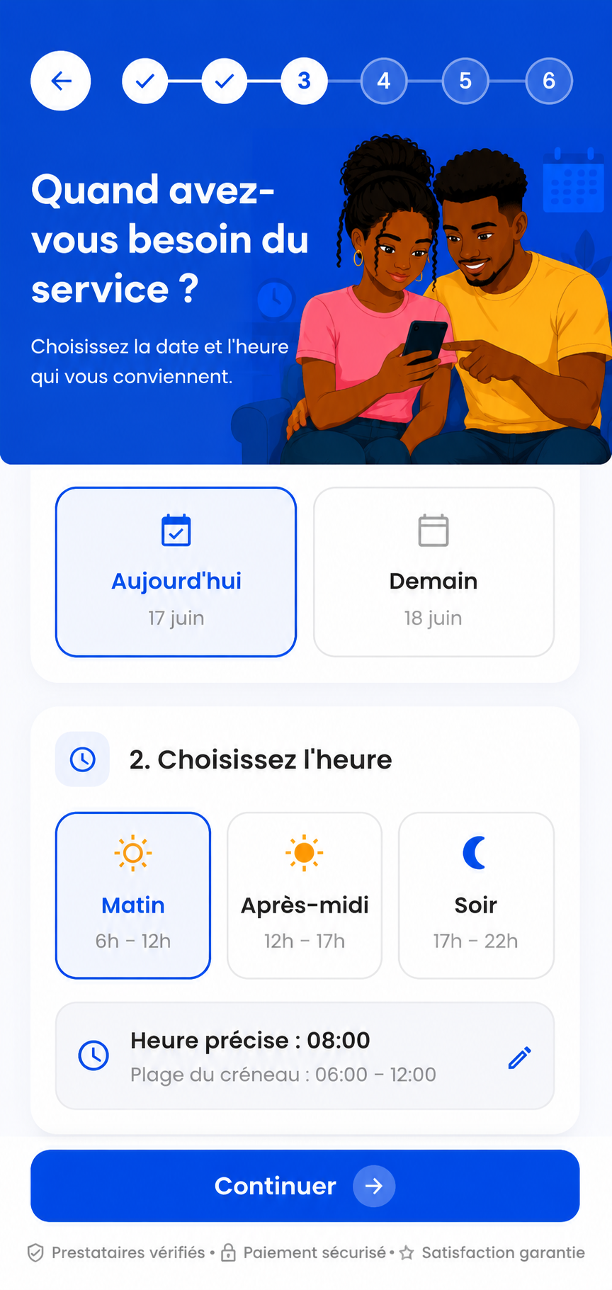 Choix du service : cuisine, ménage ou lessive, avec les tarifs en FCFA.
